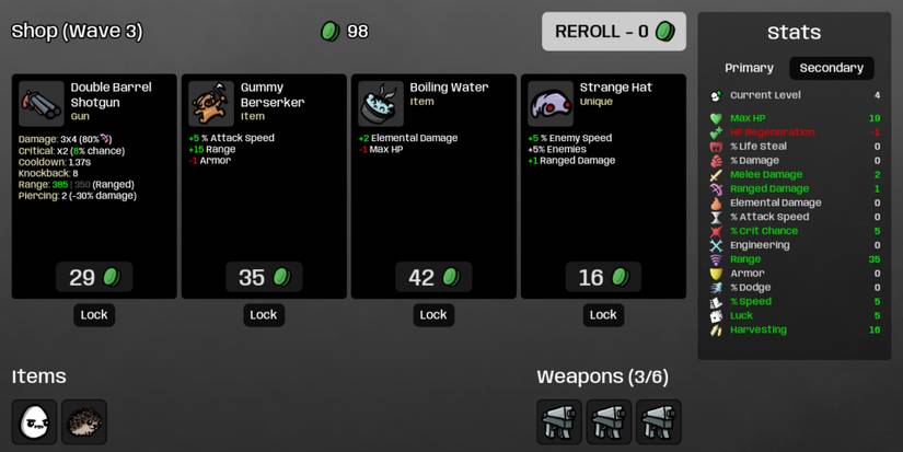 Screenshot showing the Brotato Free Rerolls mod.