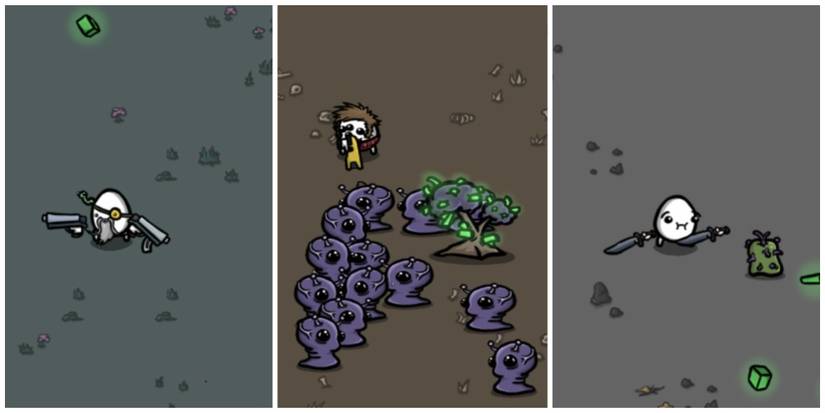 Three images showing various potato hybrids in Brotato.