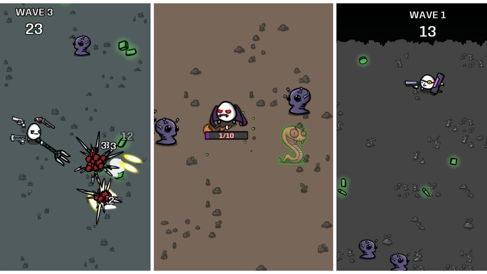 Three images showing various Brotato mods.