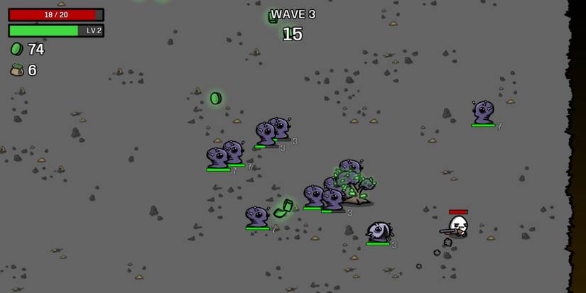 A playthrough of Brotato with the Show Enemy health mod.