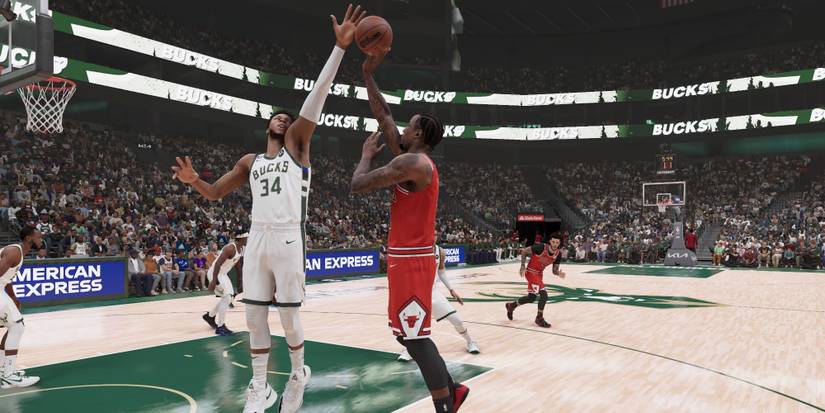 Giannis Antetokounmpo of the Milwaukee Bucks blocking a shot in NBA 2K23