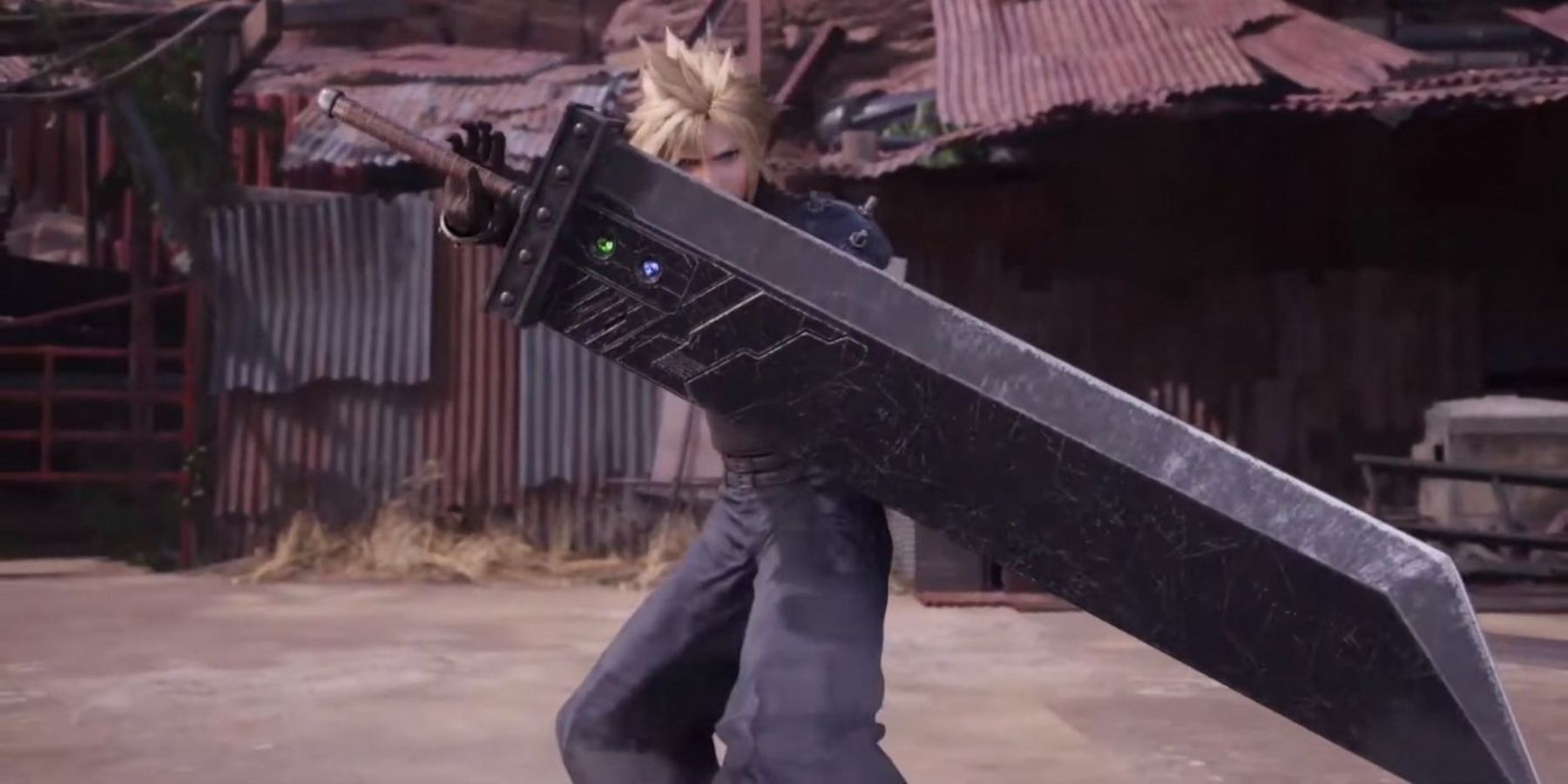 Cloud blocking an attack with the Buster Sword
