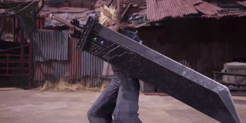 Cloud blocking an attack with the Buster Sword