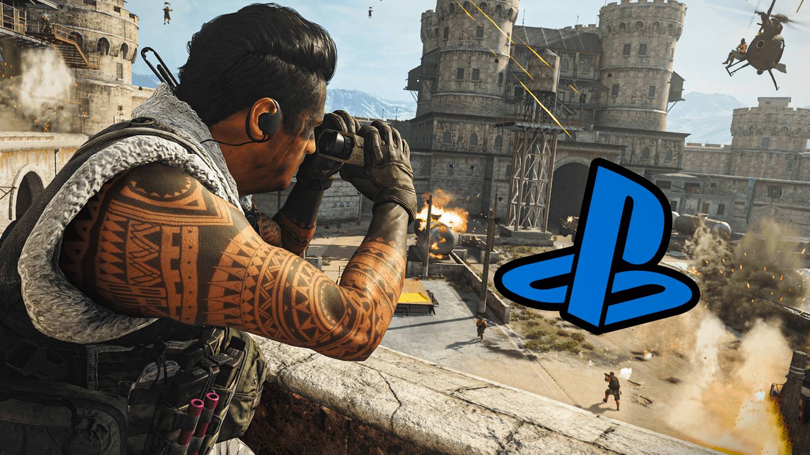 Call of Duty Warzone 2 gulag operator looking at PlayStation logo through binoculars