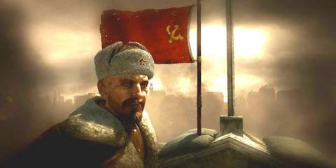A man stands in front of a flag in Call Of Duty World At War