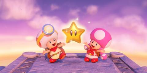 Captain Toad and Toadette holding a star