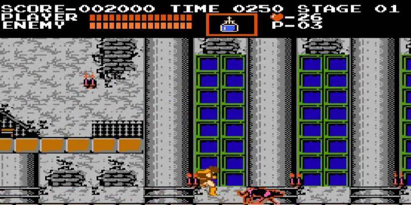 Screenshot of the playable character running though a large castle room with long windows, pillars and stone walls. A demonic dog is just ahead of him. 