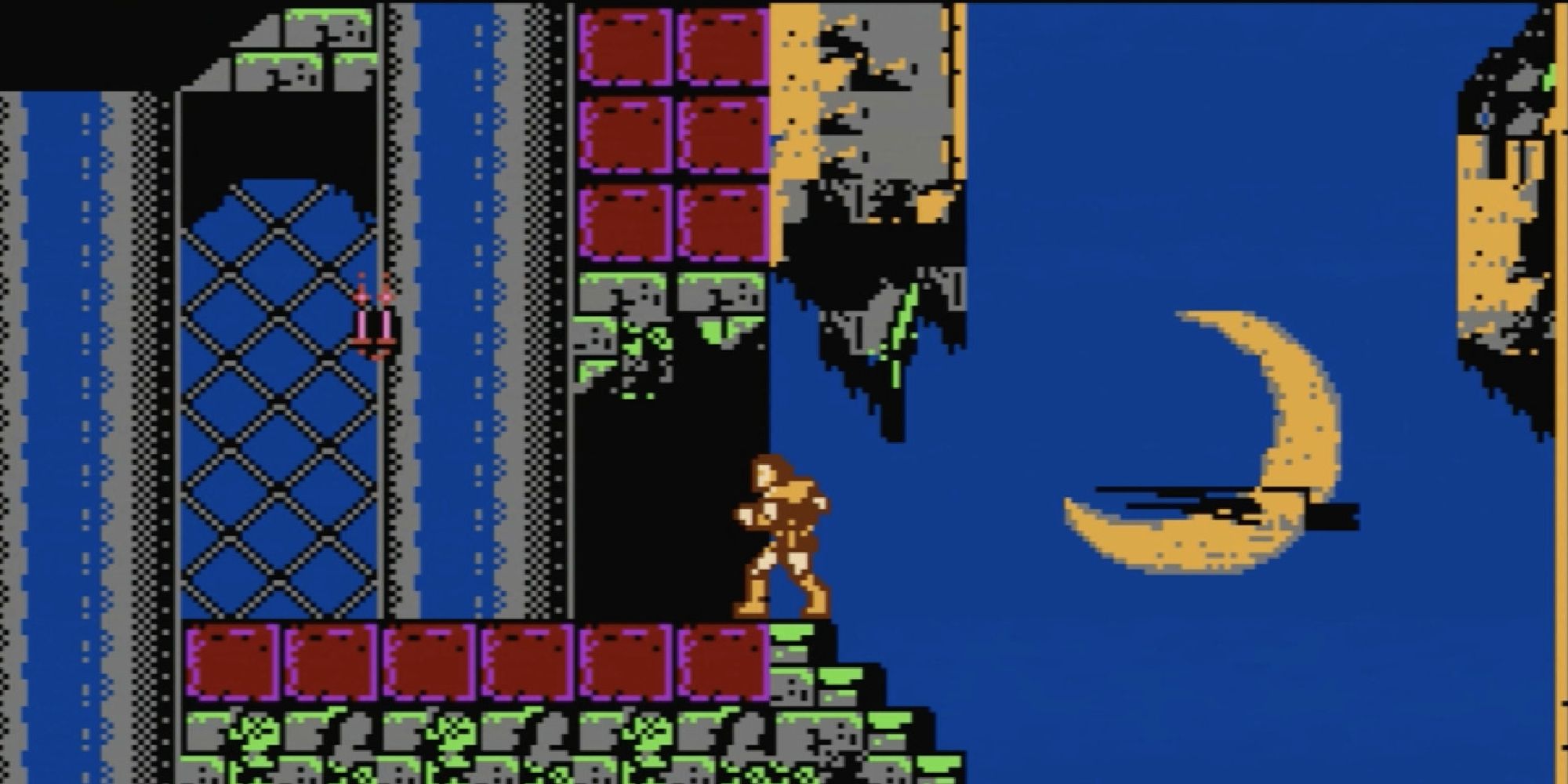Screenshot of the original Castlevania, showing the side-scrolling gameplay. 
