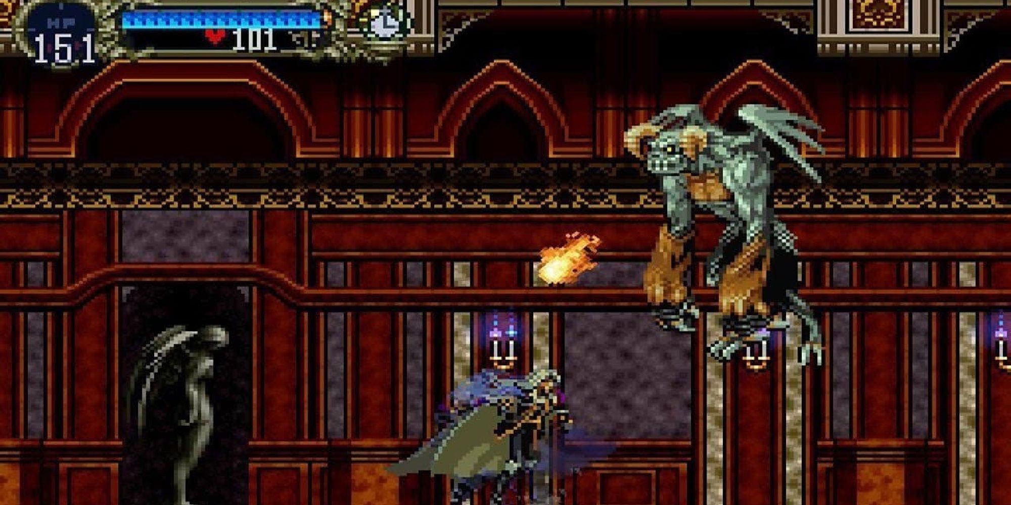 Alucard exploring inside Dracula's castle, fighting off against a winged demonic beast. 