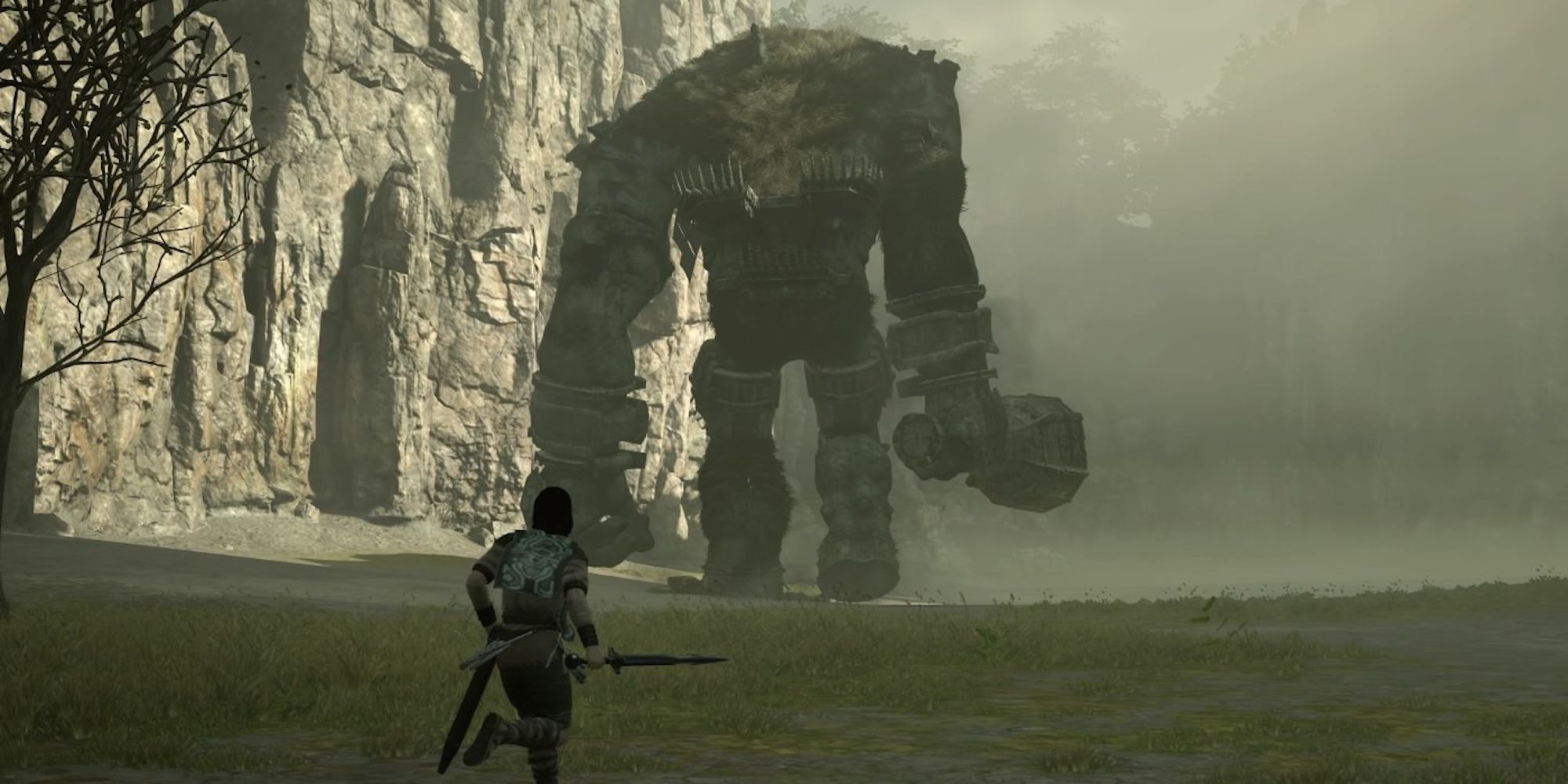Wanderer chases one of the Colossi through a grassy expanse