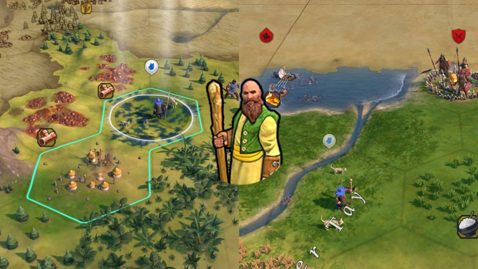 Civilization 6 Settler from the Ancient Era, and a Scout exploring