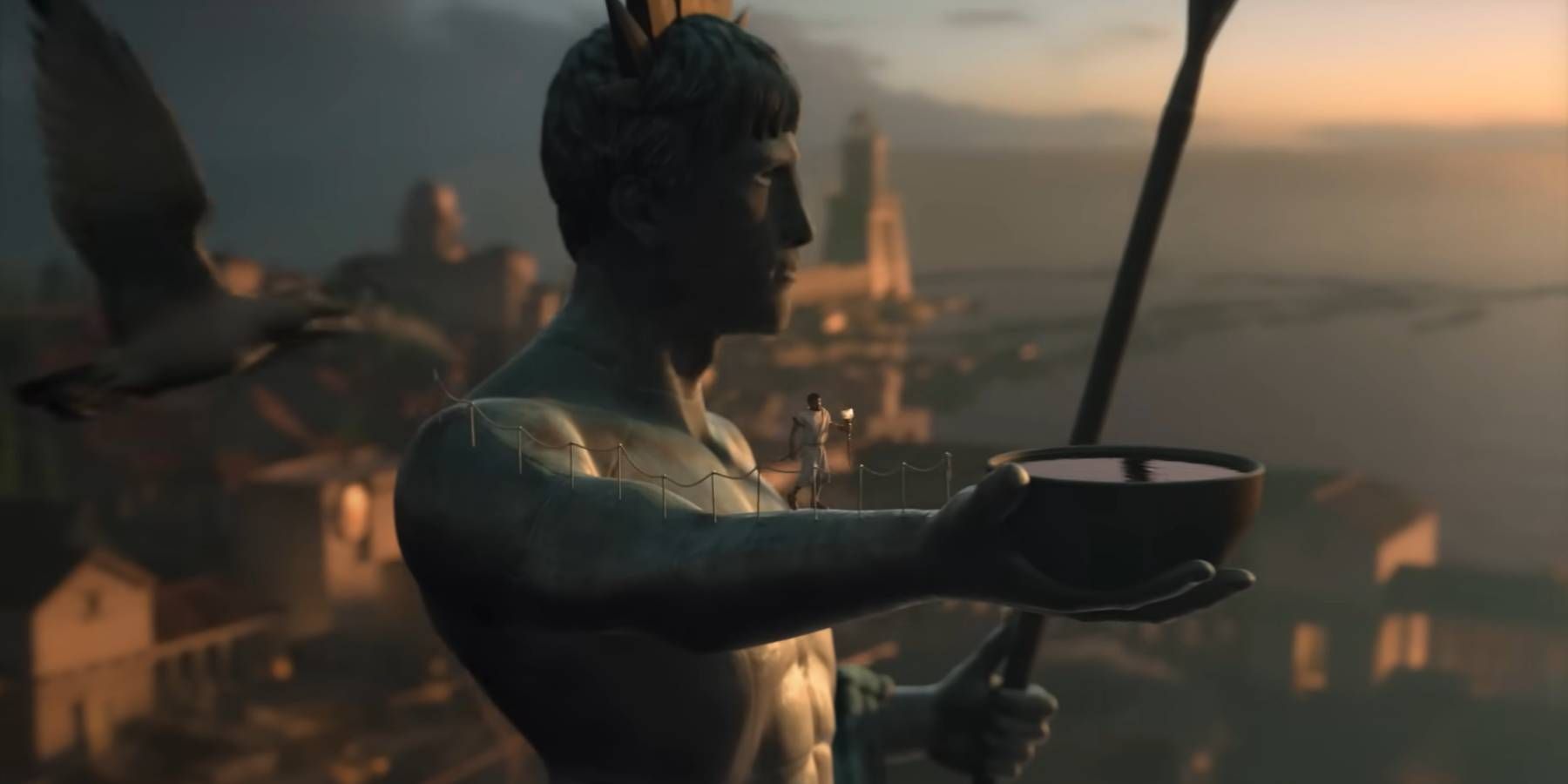 The lead character carrying a torch from the intro movie for Civilization 6