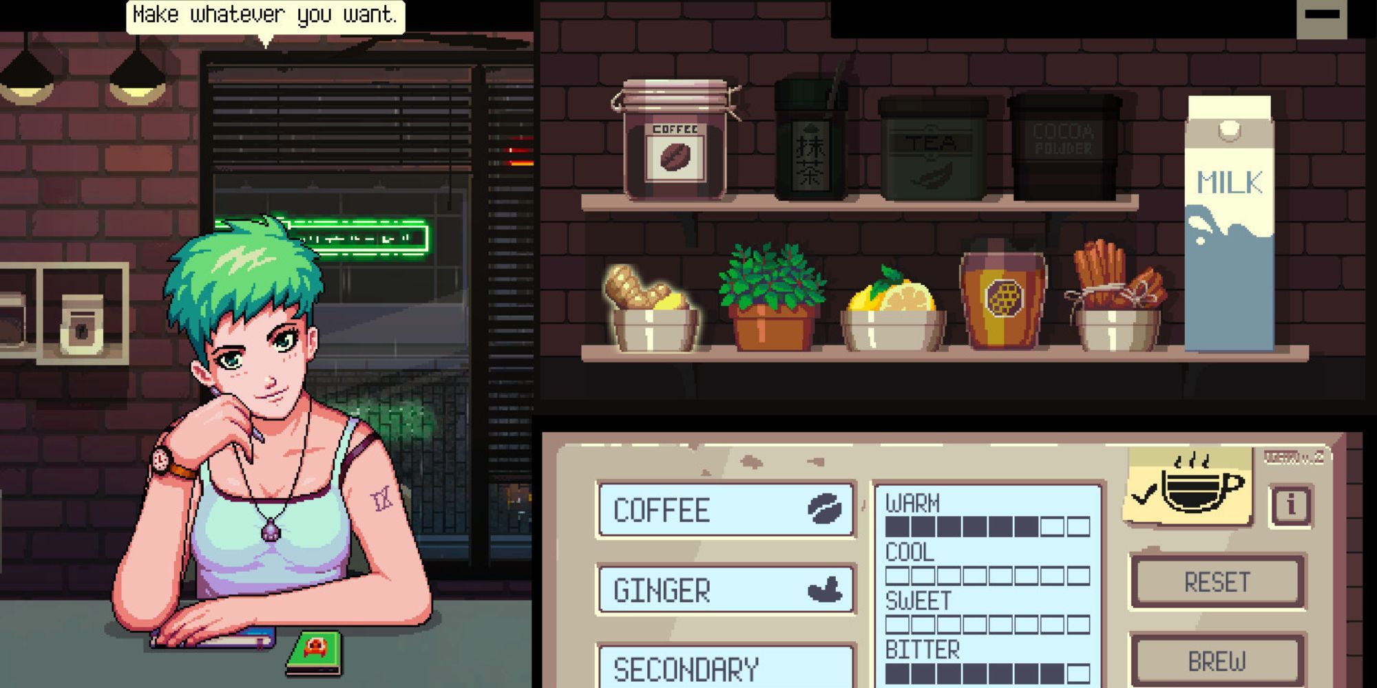 A customer telling the player to make whatever they want in Coffee Talk