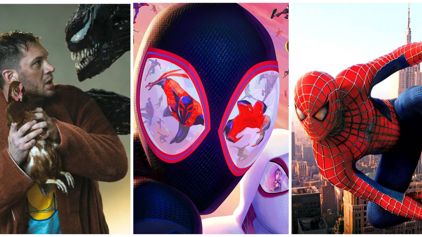 tom hardy's venom and eddie brock, miles morales spider-man, tobey maguire's spider-man