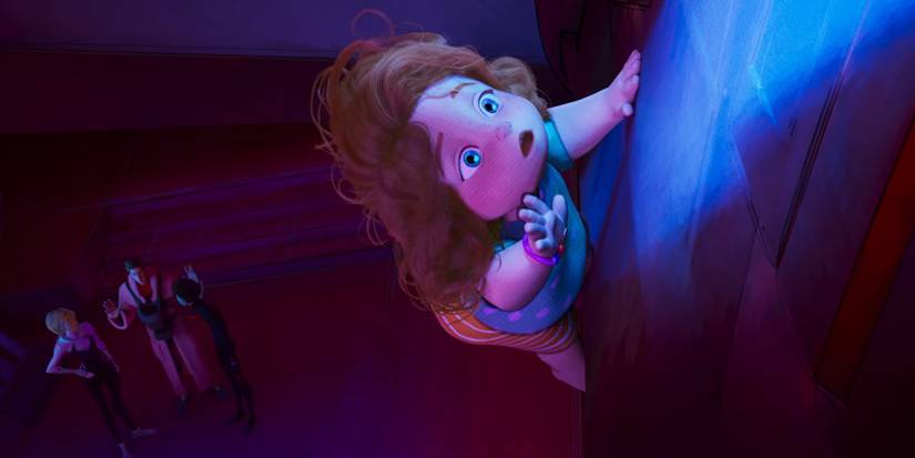 gwen, miles and peter b. parker talking while mayday parker climbs a wall