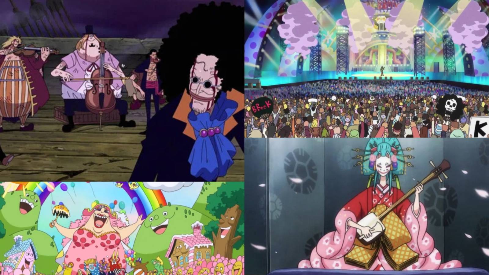 Different one piece musical moments featuring Brook Big Mom Komuraski and the Roger Pirates