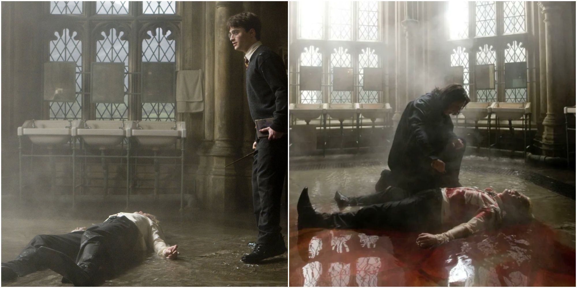 Split image of Harry using Sectumsempra on Draco and Snape healing Draco's wounds in Harry Potter and the Half-Blood Prince.