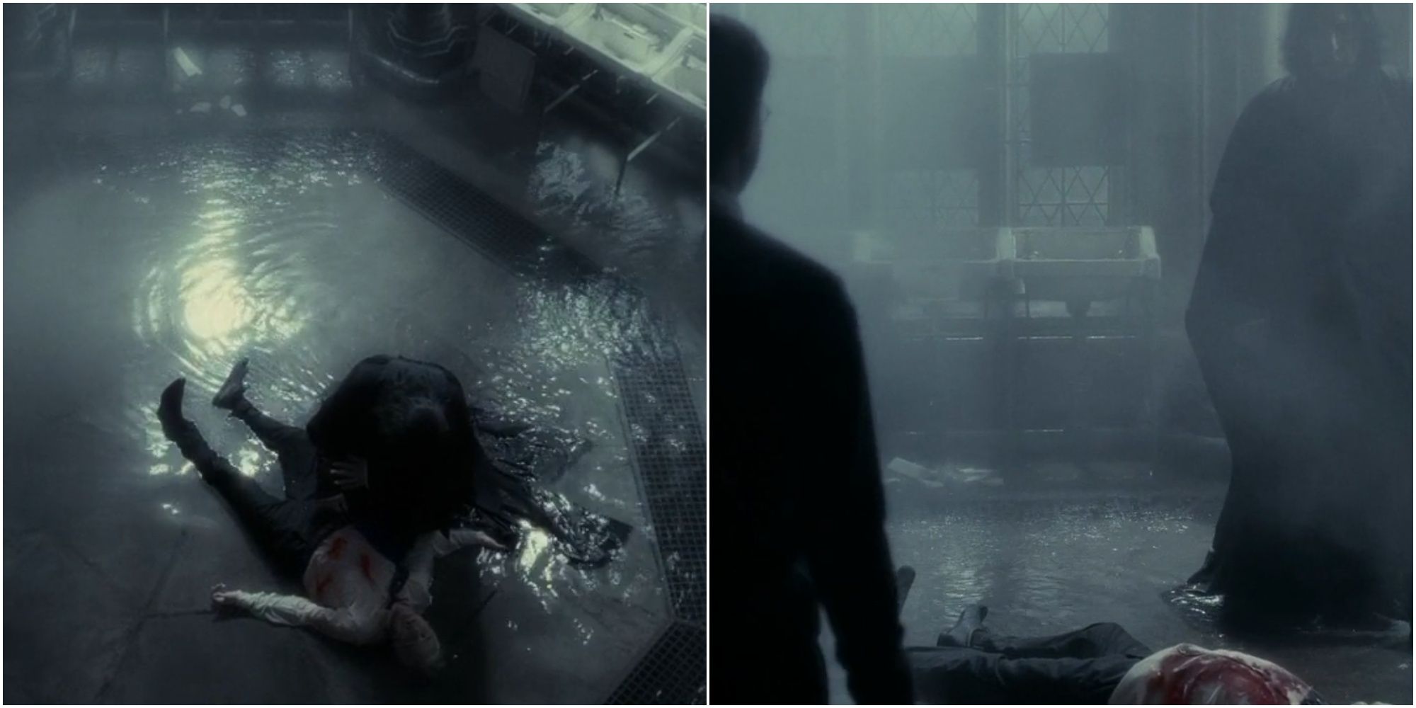 Split image of Snape healing Draco Malfoy and Harry and Snape looking at injured Malfoy in Harry Potter and the Half-Blood Prince.