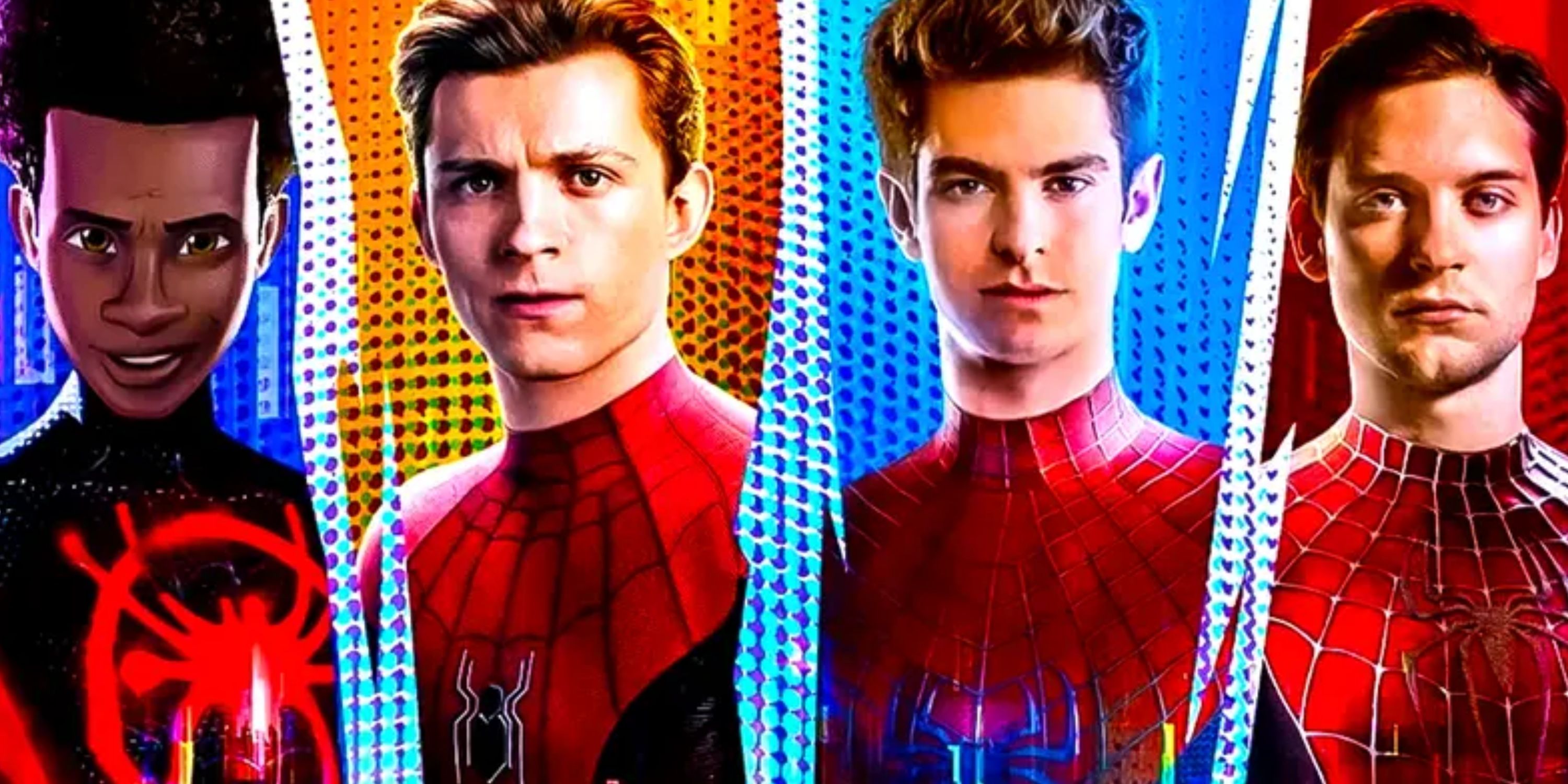 from left to right, shameik moore spider-man, tom holland spider-man, andrew garfield spider-man, tobey maguire spider-man