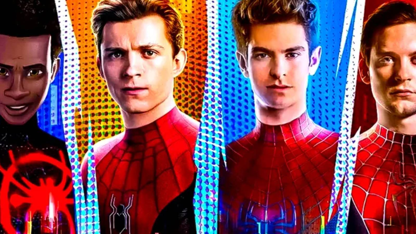 from left to right, shameik moore spider-man, tom holland spider-man, andrew garfield spider-man, tobey maguire spider-man