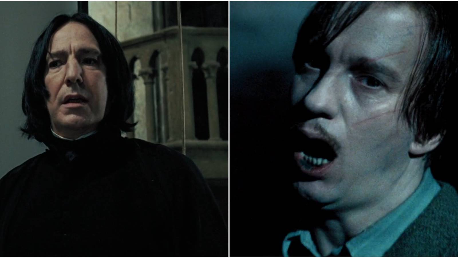 Split image of Severus Snape and Remus Lupin transforming into a Werewolf in Harry Potter.