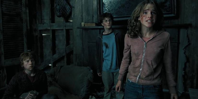 The Trio and Scabbers at the Shrieking Shack in Harry Potter and the Prisoner of Azkaban.