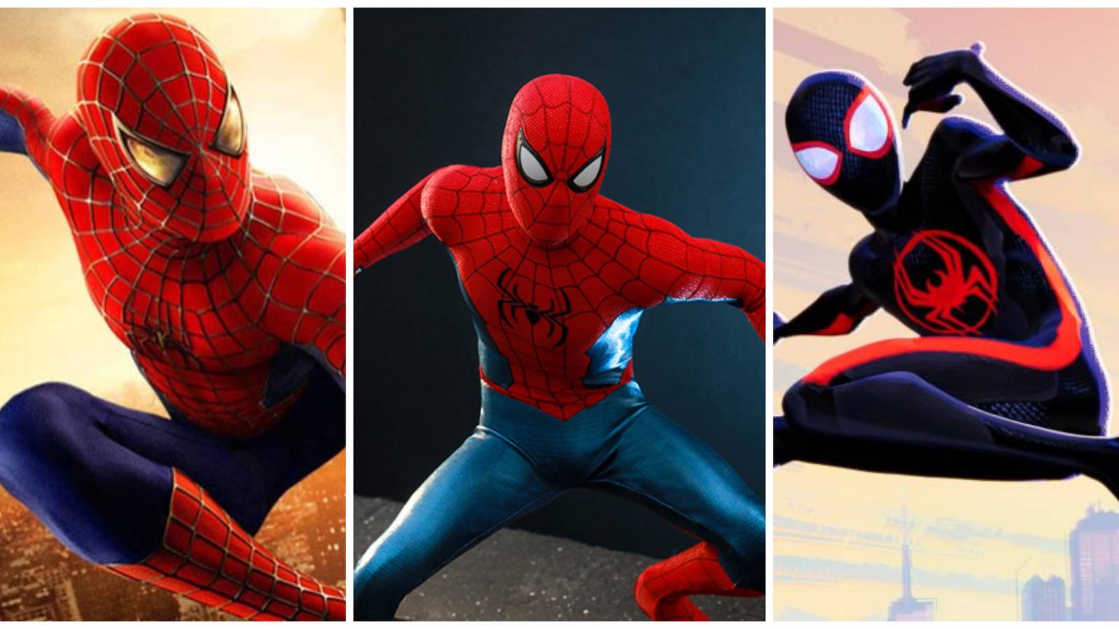tobey maguire spider-man costume, tom holland spider-man new suit, miles morales across the spider-verse suit