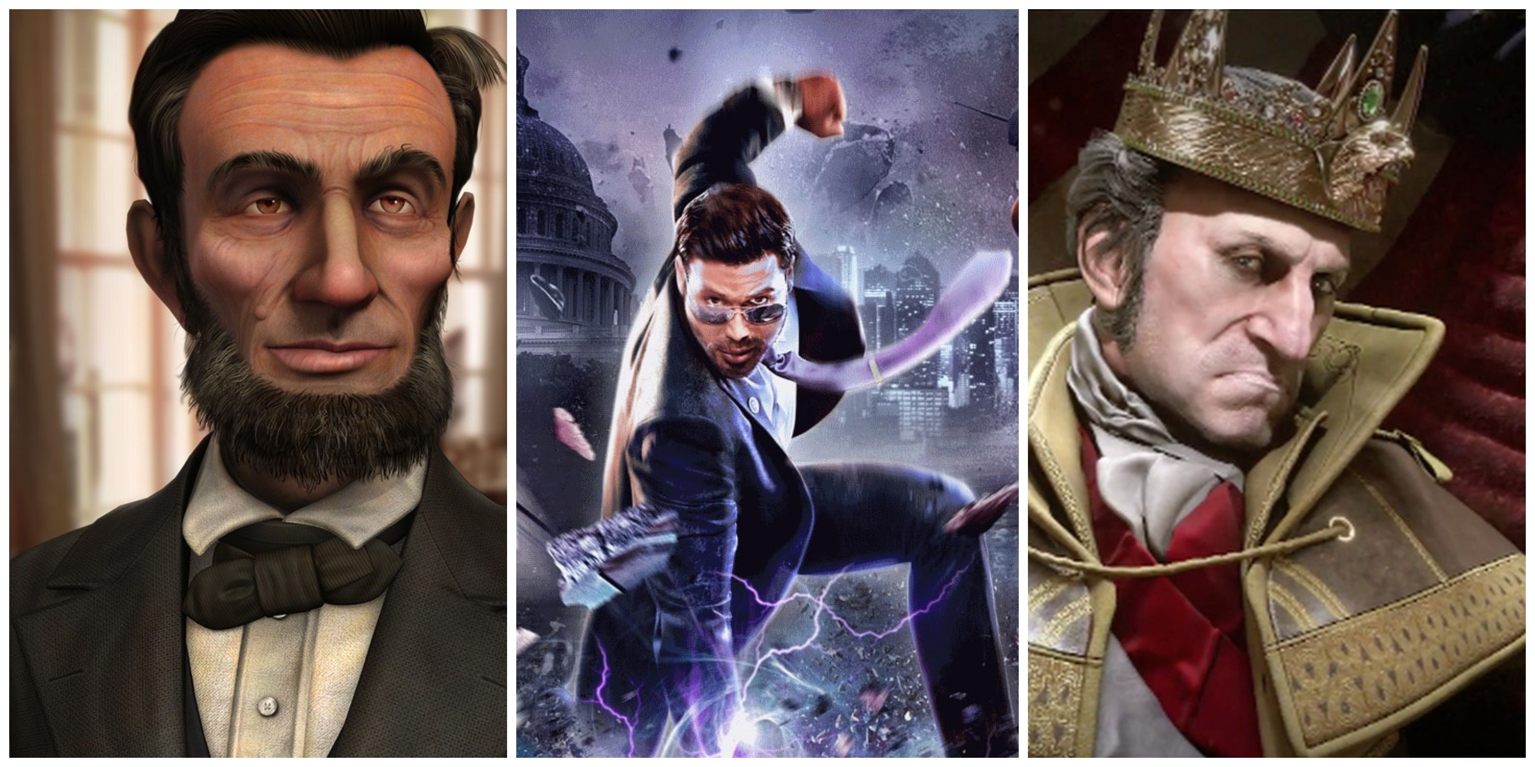 abraham lincoln in civ 4, the boss in saints row 4, king washington in assassin's creed 3 the tyranny of king washington