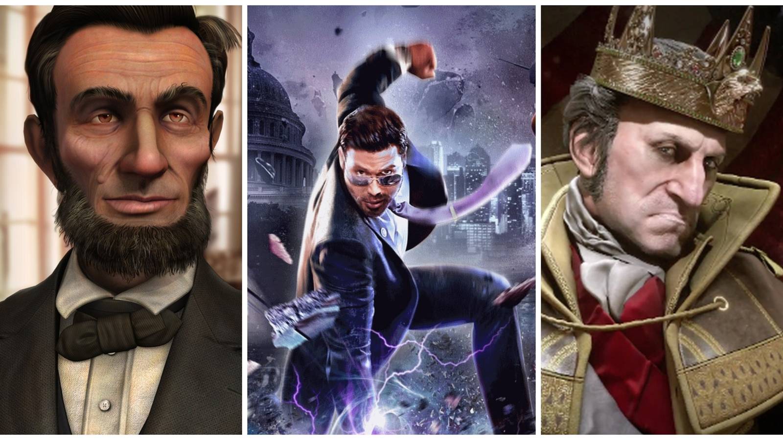 abraham lincoln in civ 4, the boss in saints row 4, king washington in assassin's creed 3 the tyranny of king washington