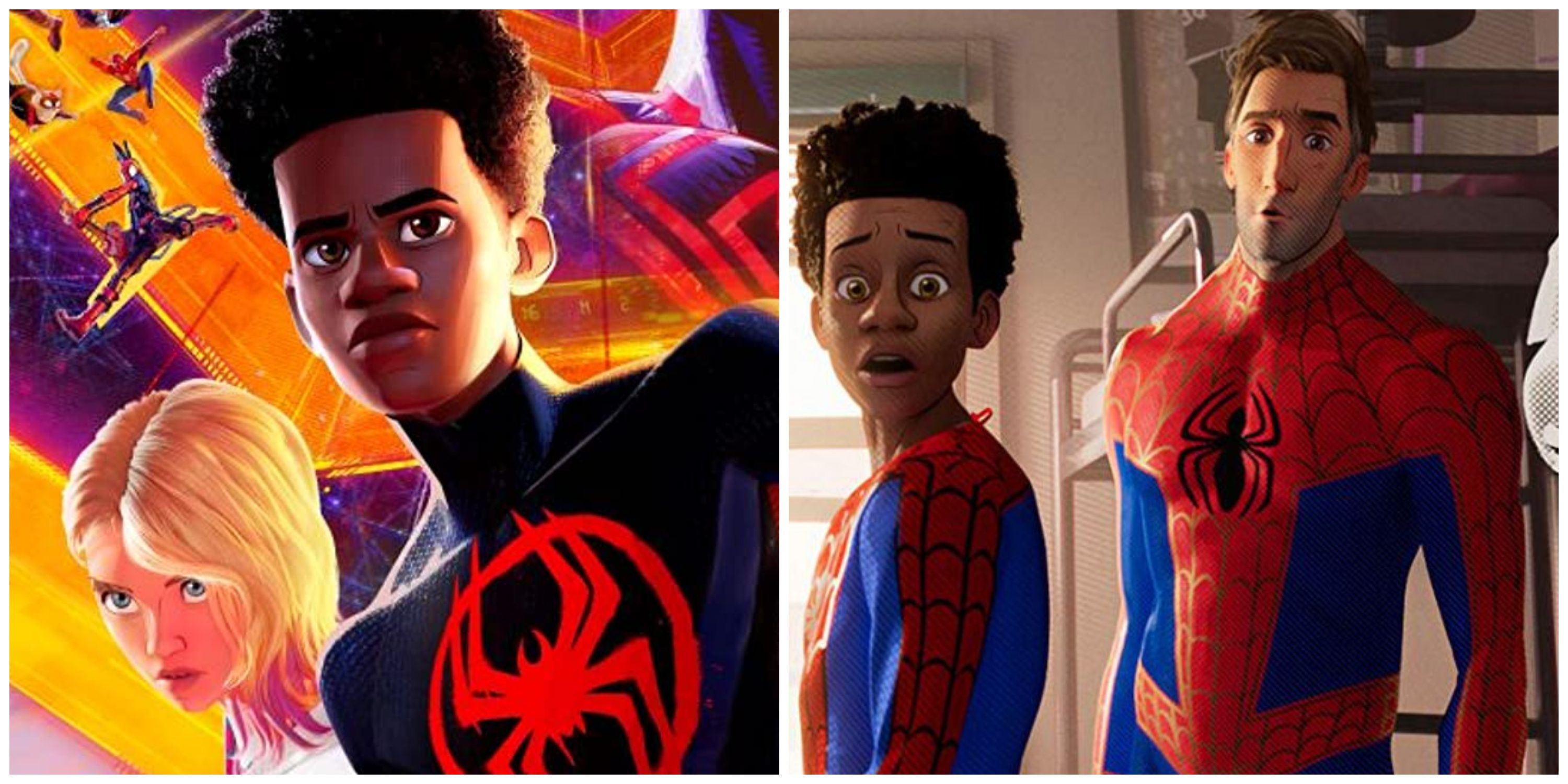 miles morales spider-man and spider-gwen from across the spider-verse against miles morales spider-man and peter b. parker spider-man from into the spider-verse