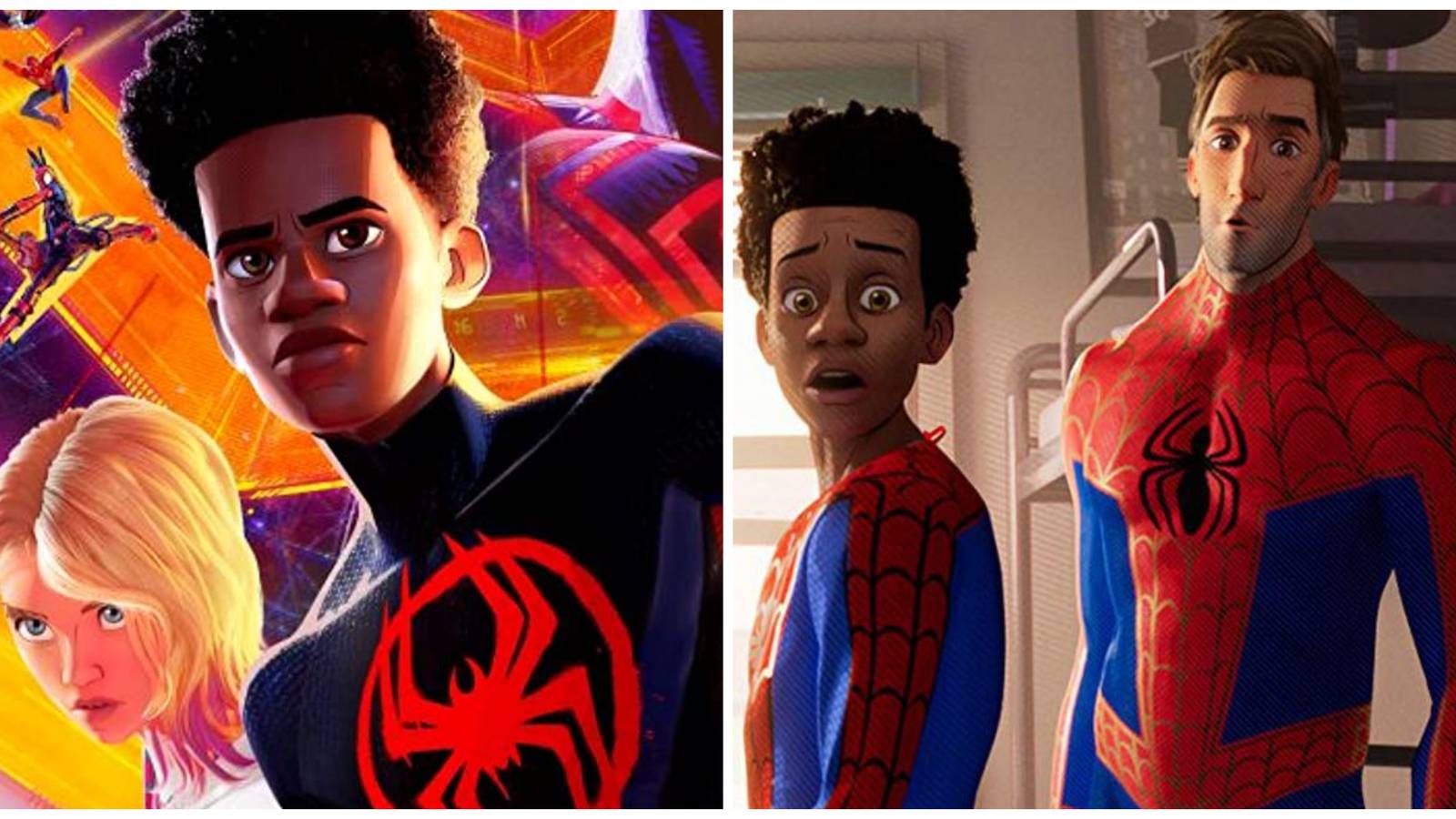 miles morales spider-man and spider-gwen from across the spider-verse against miles morales spider-man and peter b. parker spider-man from into the spider-verse