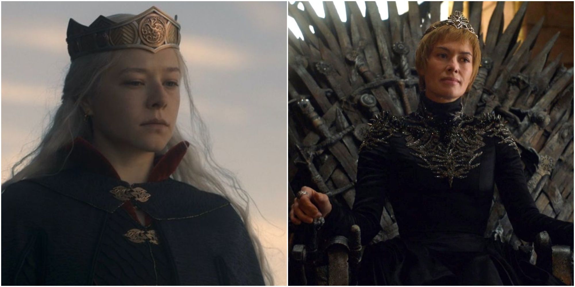 Split image of Rhaenyra Targaryen in House of the Dragon and Cersei Lannister in Game of Thrones.