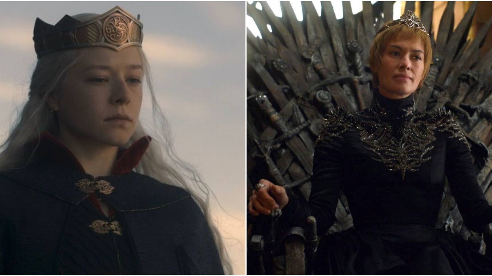 Split image of Rhaenyra Targaryen in House of the Dragon and Cersei Lannister in Game of Thrones.