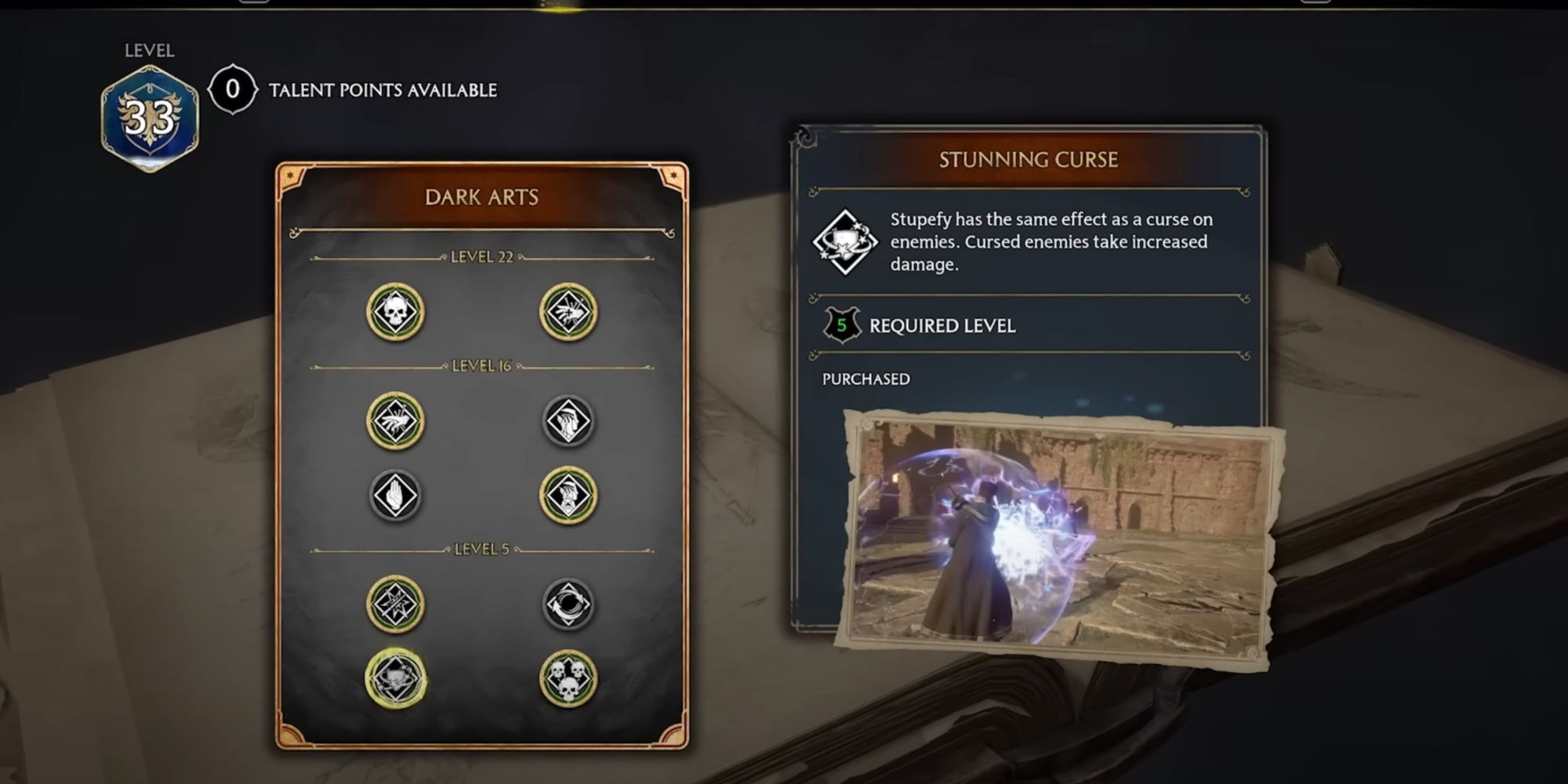 Stunning Curse Dark Arts Talent Menu in Hogwarts Legacy