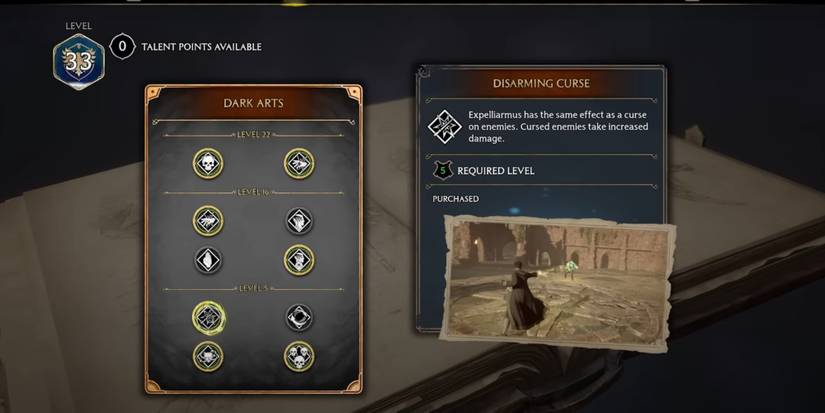 Disarming Curse Dark Arts Talent Menu in Hogwarts Legacy