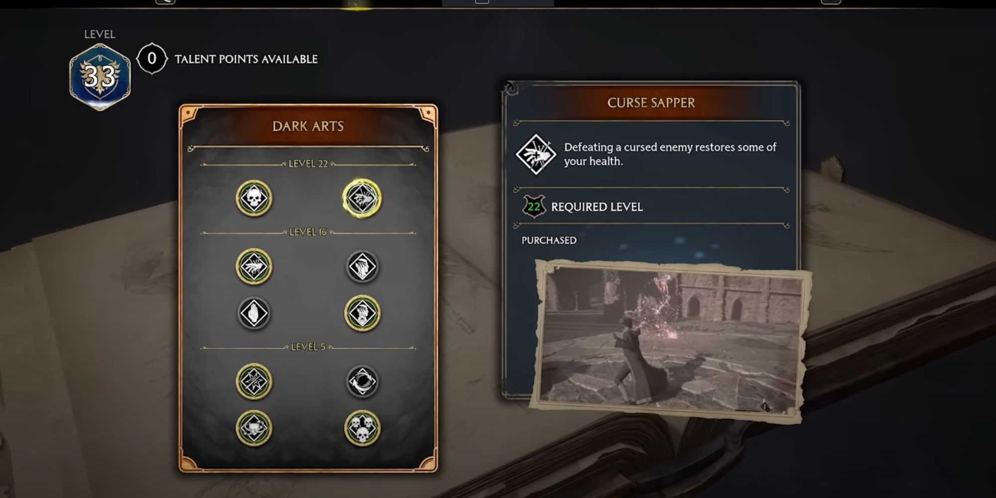 Curse Sapper Dark Arts Talents Menu in Hogwarts Legacy