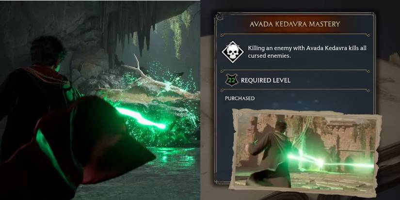 Casting Avada Kedavra in Hogwarts Legacy (left), Avada Kedavra Dark Arts Talents Menu (right)