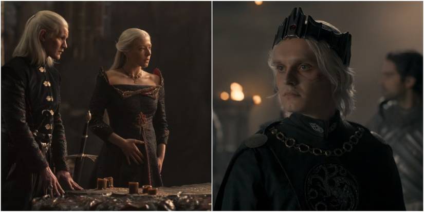 Split image of Daemon and Rhaenyra, and Aegon II Targaryen in House of the Dragon.