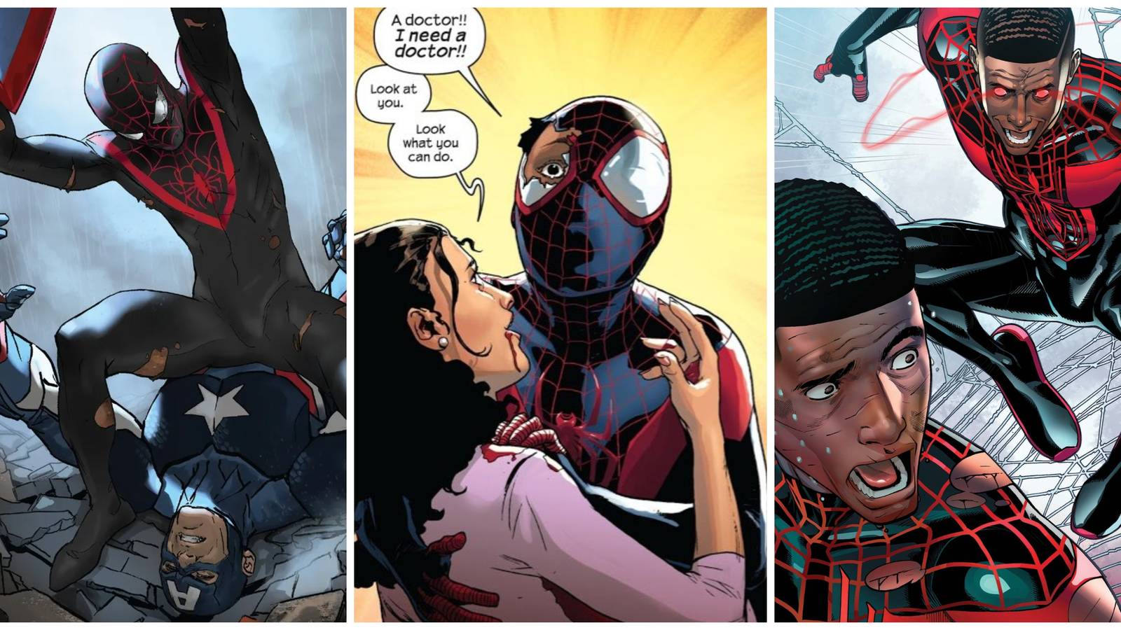 miles morales killing captain america, miles morales holding rio morales, miles morales vs miles morales