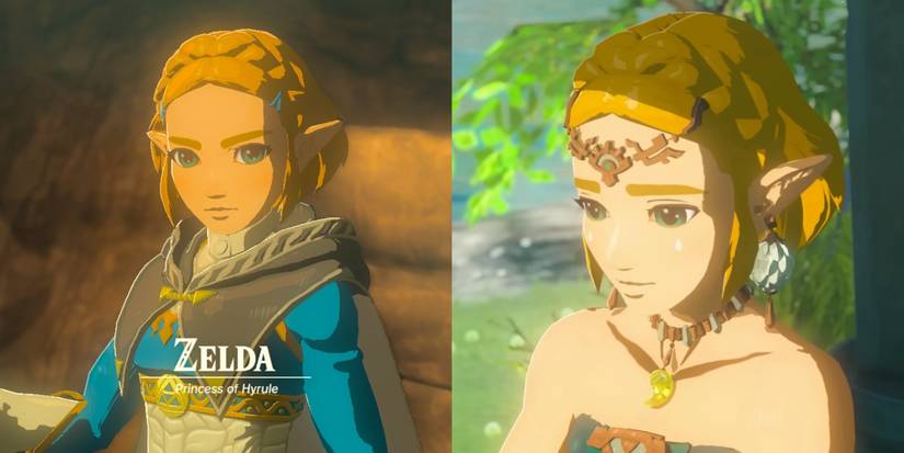 Princess Zelda in her royal armor and in her ancient Zonai clothing in Tears of the Kingdom