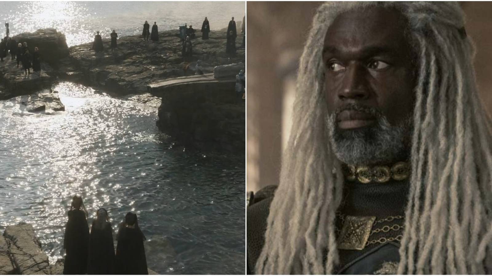 Split image of Lady Laena Velaryon's funeral at the cliffs of High Tide and Lord Corlys Velaryon in House of the Dragon.