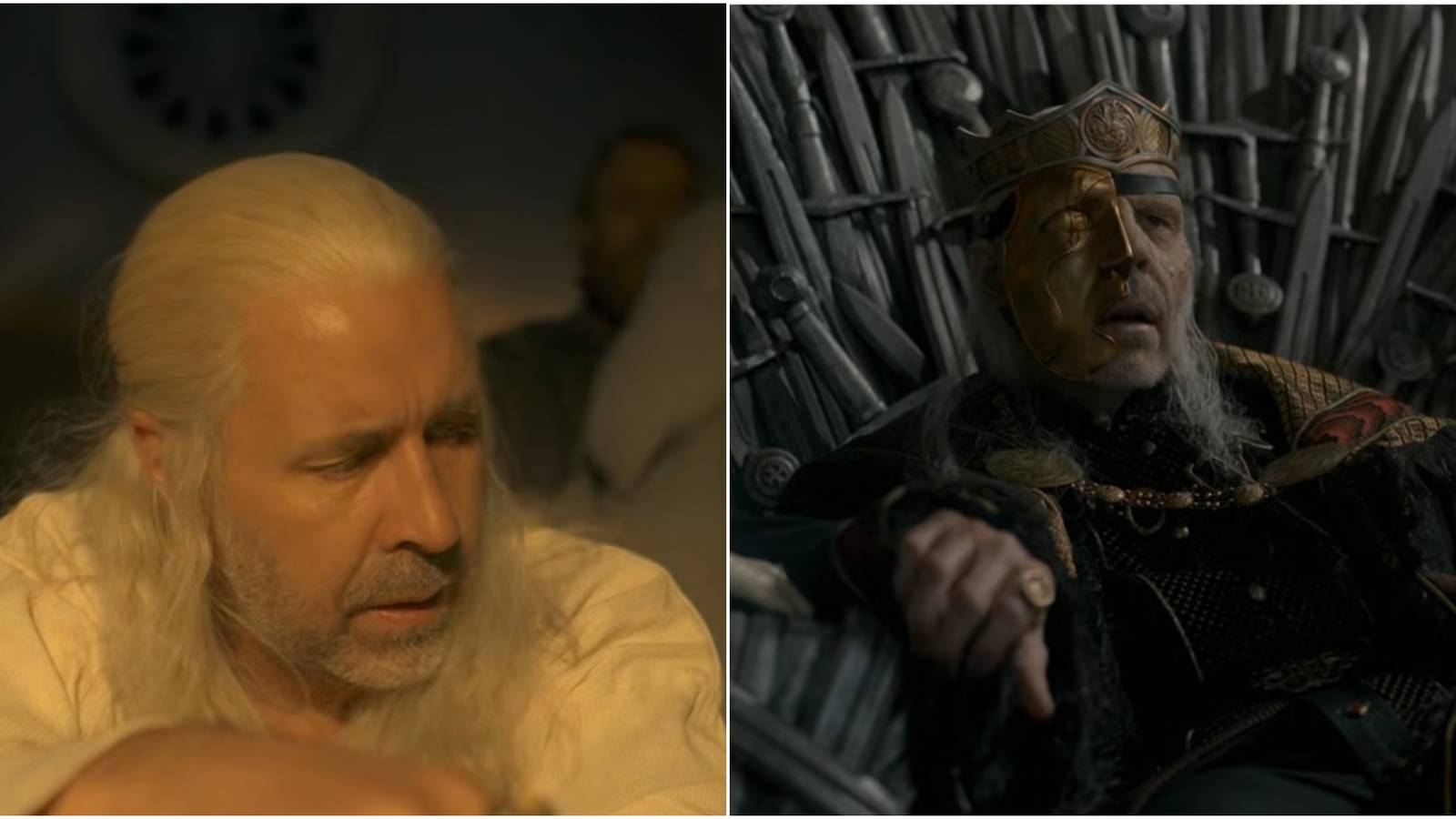 Split image of ailing King Viserys Targaryen in House of the Dragon