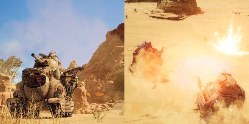 Screenshots from Sand Land game, main trio traveling in a tank and possible tank combat gameplay