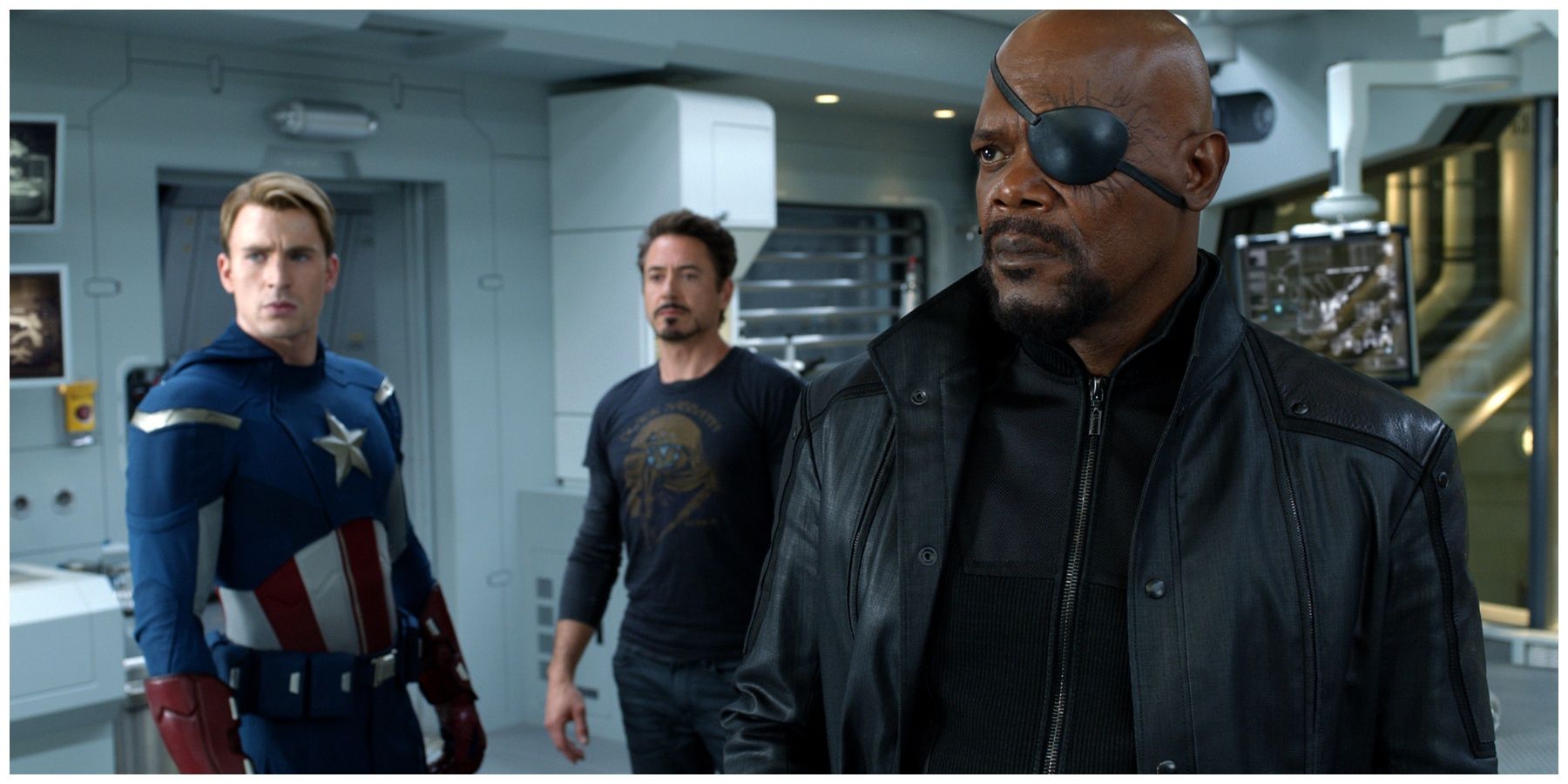 Chris Evans as Steve Rogers. Robert Downey Jr. as Tony Stark. Samuel L. Jackson as Nick Fury.