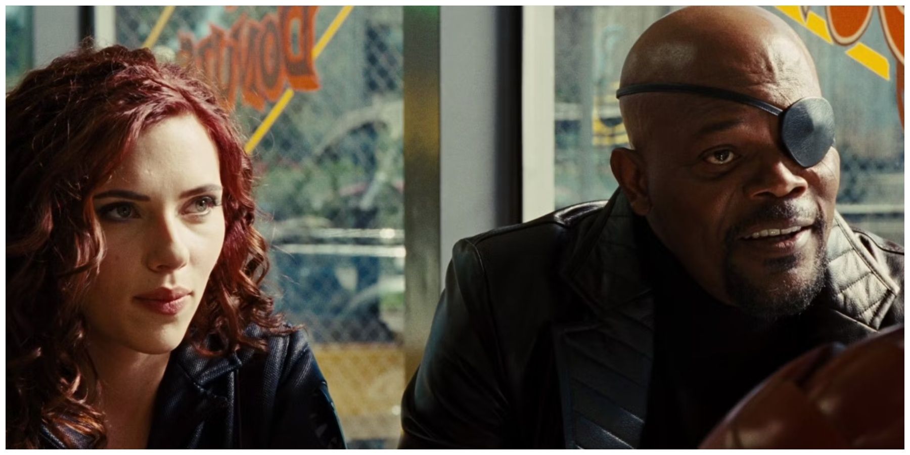 Scarlett Johansson as Black Widow. Samuel L. Jackson as Nick Fury.