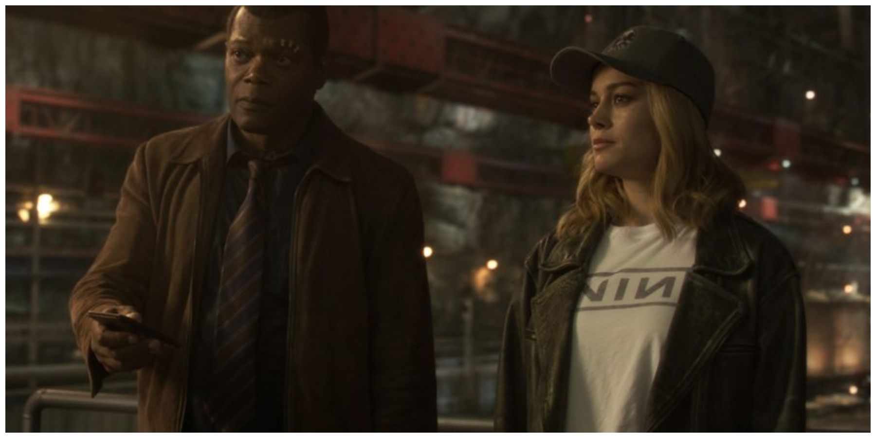 Samuel L. Jackson as Nick Fury. Brie Larson as Captain Marvel.