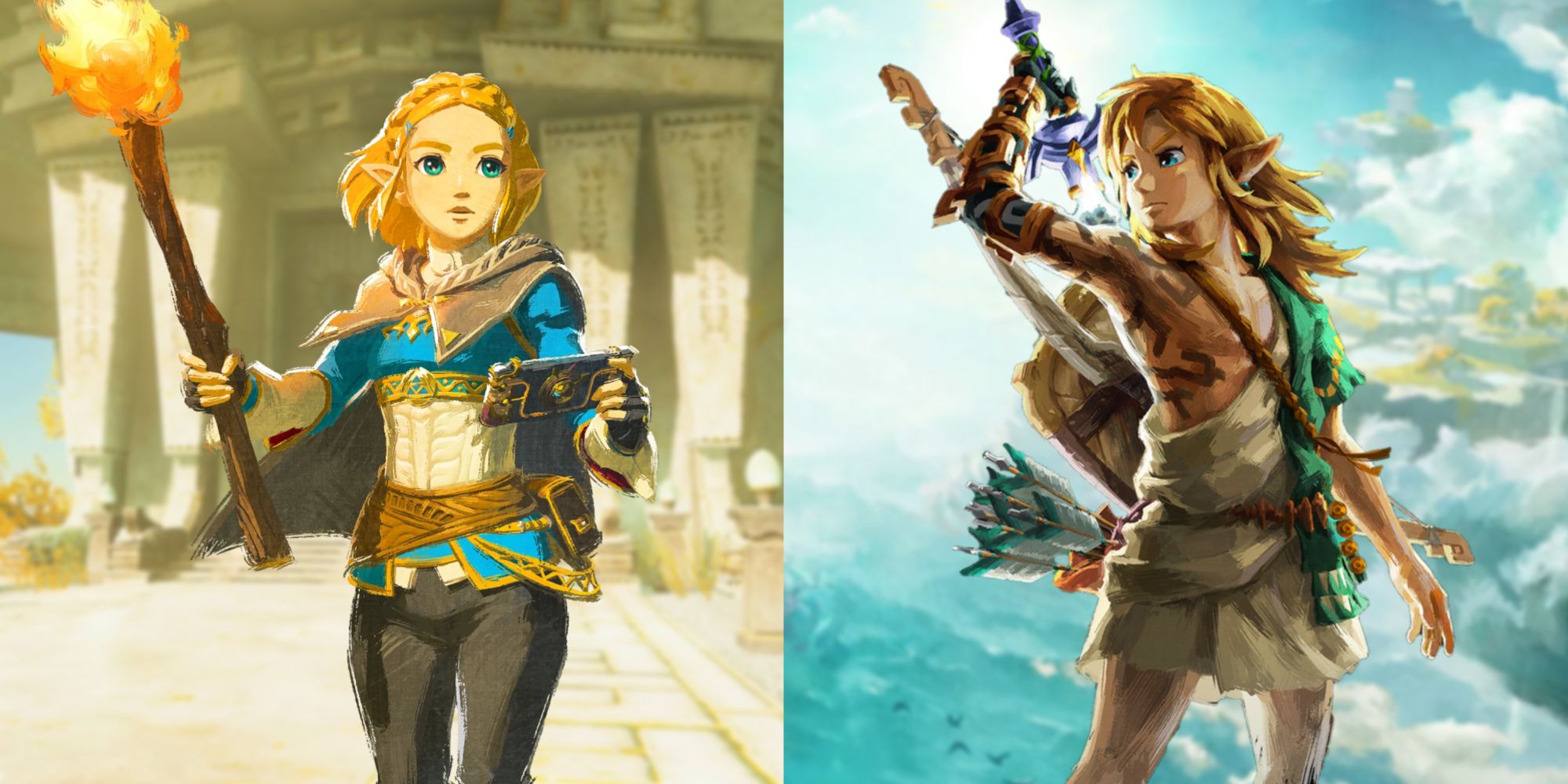 Zelda and Link as they appear in key artwork for Tears of the Kingdom