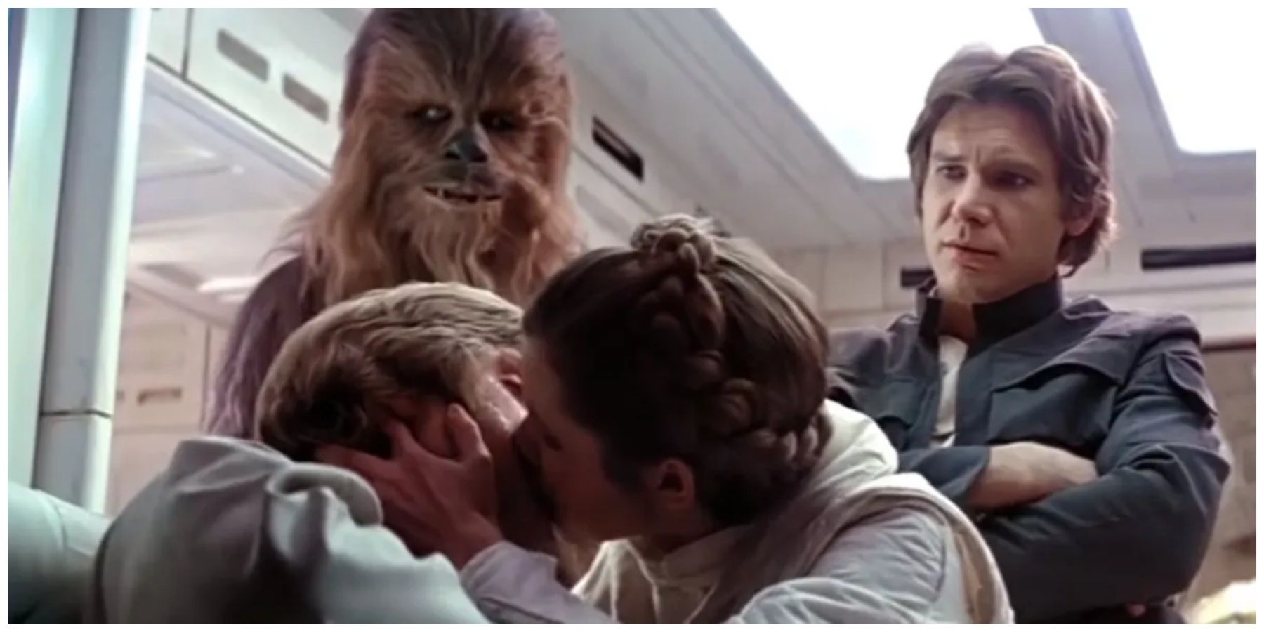 Peter Mayhew as Chewbacca. Mark Hamill as Luke Skywalker. Carrie Fisher as Leia Organa. Harrison Ford as Han Solo.