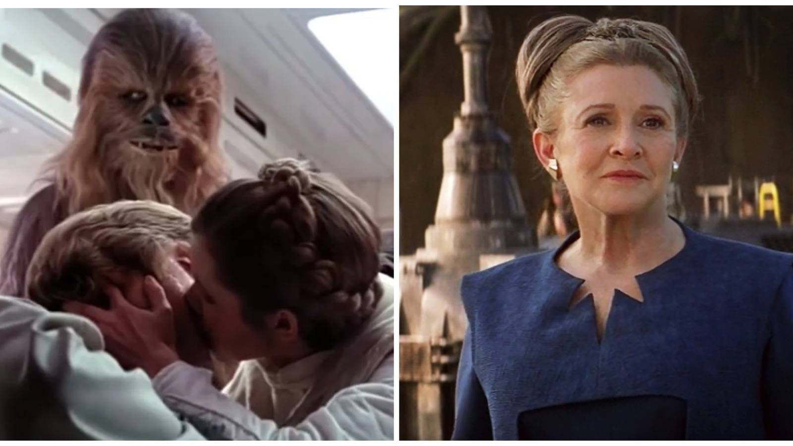 Mark Hamill as Luke Skywalker. Peter Mayhew as Chewbacca.  Carrie Fisher as Leia Organa.