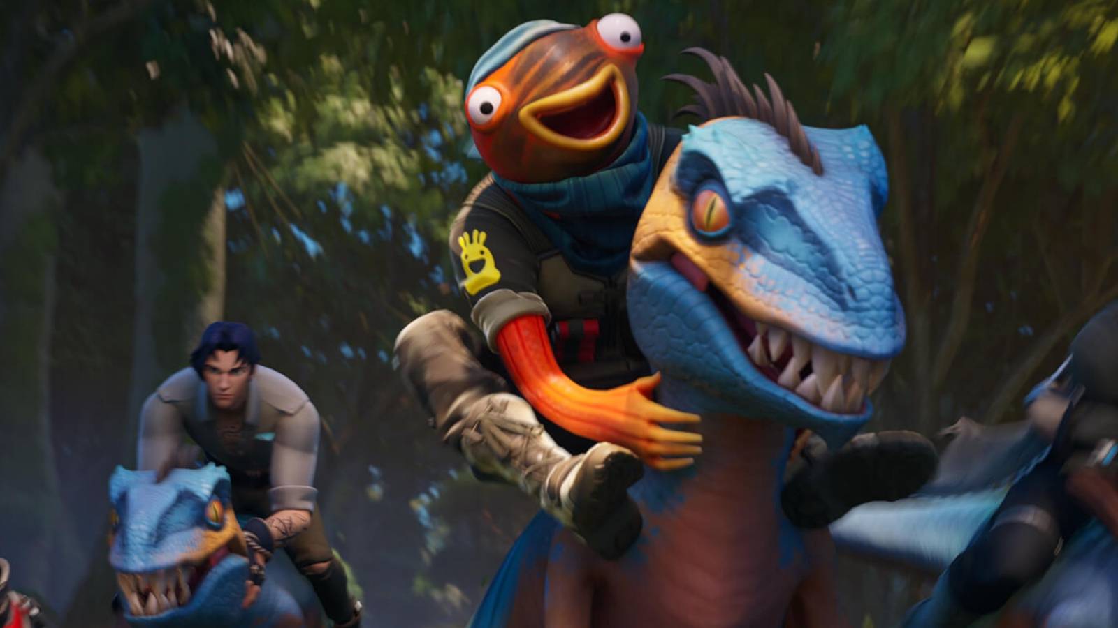 fish stick riding a raptor in the jungle